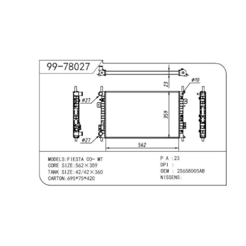 Radiador Ford Fiesta Automático con y sin AC 2003 al 2012